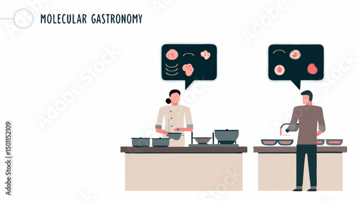 Two chefs practicing molecular gastronomy exploring new culinary creations in a bright modern