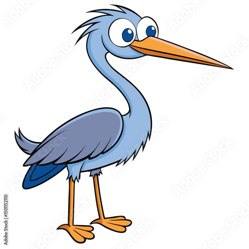 A light blue heron cartoon stands with big eyes and orange beak