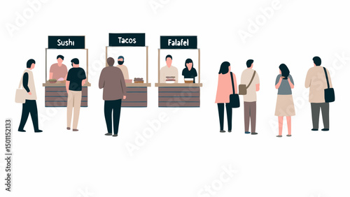 Crowded food stalls selling sushi tacos and falafel a vibrant food festival with clean lines and