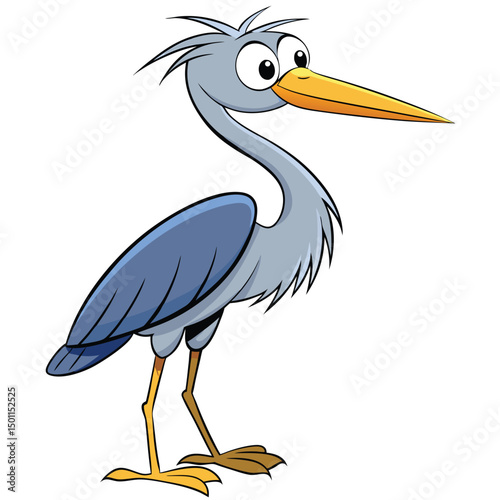 Cartoon heron with large eyes and bright yellow beak stands isolated against white