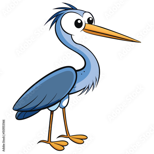 Cartoon blue heron stands calmly with a long yellow beak, ready for a new day
