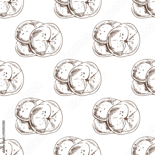 Hand drawn vintage seamless pattern of rustic bread rolls in engraving sketch style in brown monochrome ink
