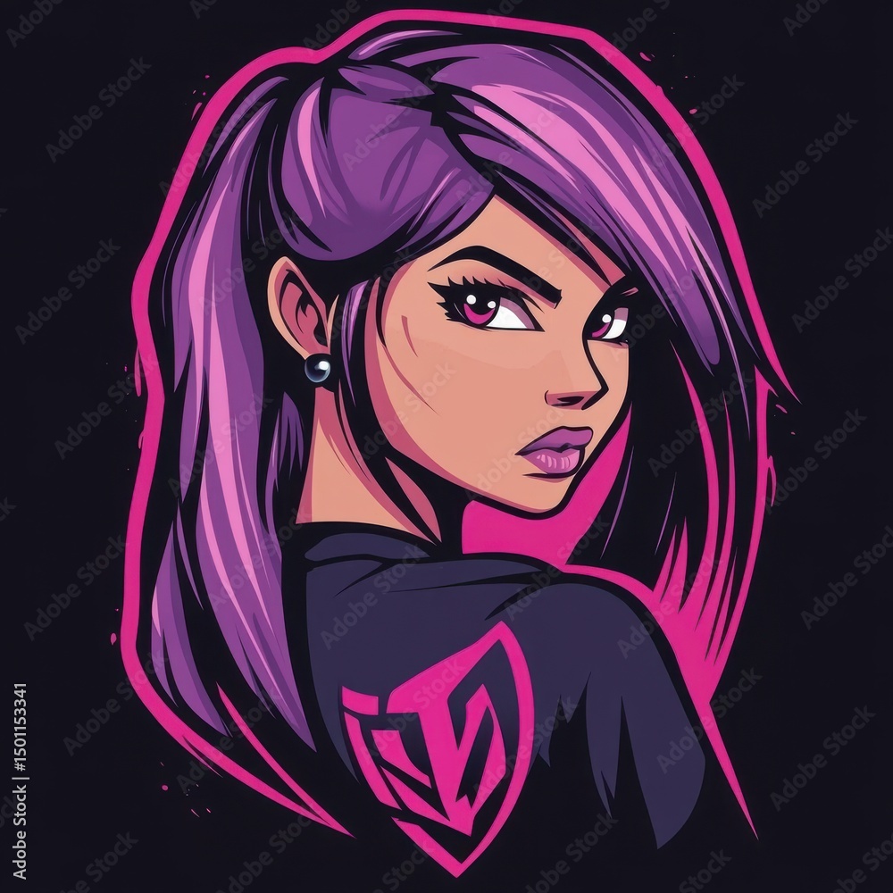 Side profile of a confident girl with purple hair and sharp look in stylized cartoon form. Side profile of a confident girl with purple hair and sharp look in stylized cartoon form.