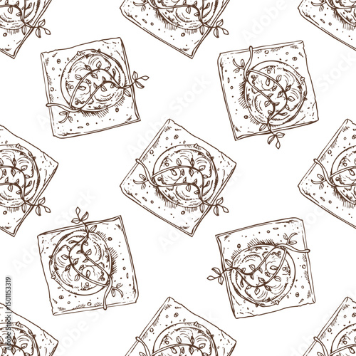 Hand drawn vintage seamless pattern of decorated jam cookies with herbs in engraving sketch style in brown ink