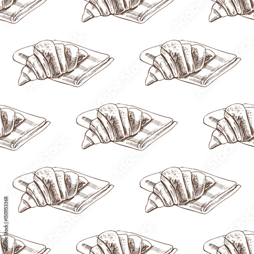 Hand drawn vintage seamless pattern of croissant on newspaper in engraving sketch style in brown ink