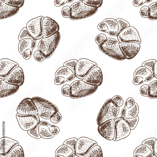Hand drawn vintage seamless pattern of cloverleaf dinner rolls in engraving sketch style in brown monochrome ink