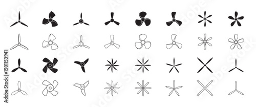 Boat and air propellers icons. Aircraft turbines silhouettes, rotor ventilators, marine screws, ship motor black elements, technology rotor symbol, electric fan, qualitative vector isolated set.