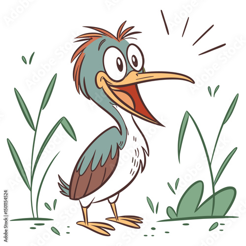 Cartoon heron with a long beak stands near grass with an open mouth