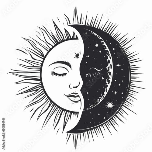 Vector sun and moon symbols combined in clean minimalist icon style, ideal for spiritual, astrological, and design projects