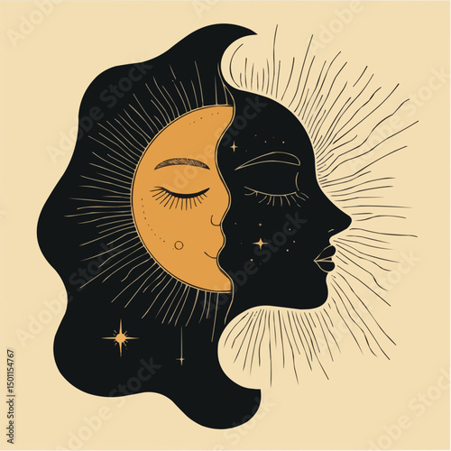 Minimal vector illustration combining sun and moon in one symbol, styled with bold lines and sacred geometry for use in astrology, stickers, or branding
