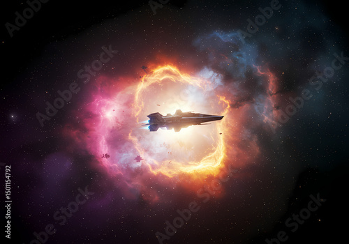 Spaceship in Nebula Cosmic Exploration SciFi Art isolated on transparent background