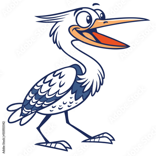 Cartoon heron strides forward with mouth open, its expression jovial and engaging