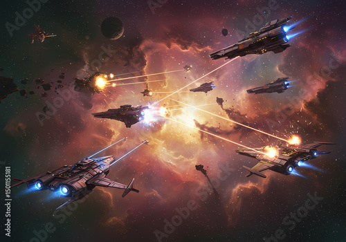 Epic Space Battle SciFi Starship Combat Artwork isolated on transparent background