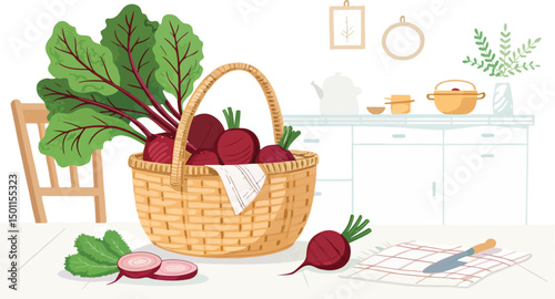 Beetroot illustration vector design, Beetroot in basket on table in kitchen vector design