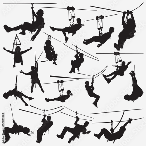 Zip Line Silhouette Adventure: A collection of silhouette figures experiencing the thrill of zip-lining, gliding through the air with various postures and reactions, capturing adventure and fun.