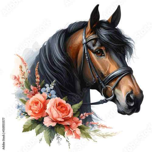 Black Horse. Flowers. Horse head.  Portrait. Watercolor style. Isolated on a white background. Banner. Vector illustration, AI