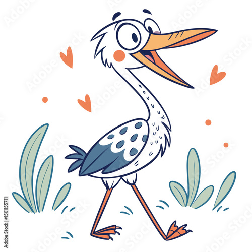 Cartoon heron strides cheerfully among hearts and plants, showcasing its whimsical design and charm
