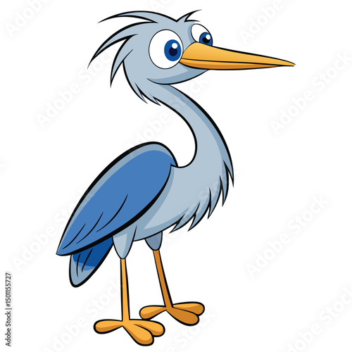 Cartoon heron stands tall, showcasing its long neck and distinctive orange beak