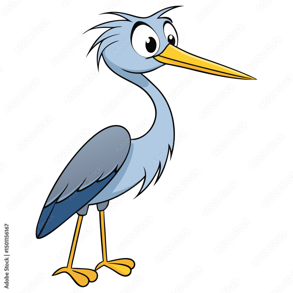 Obraz premium Light blue cartoon heron stands alertly, showcasing big, expressive eyes and a yellow beak