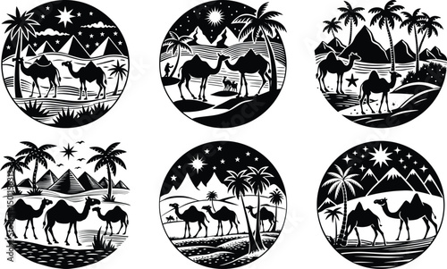 Desert Scenes with Camels Vector Art
