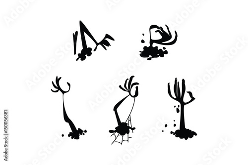 Rise of the Silhouette: An eerie collection of stylized hand-like figures, rendered in stark silhouette against a pure background, evoking themes of horror and fantasy. 