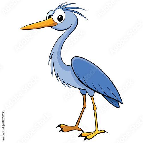 Cartoon heron standing with big eyes looking forward against a white background