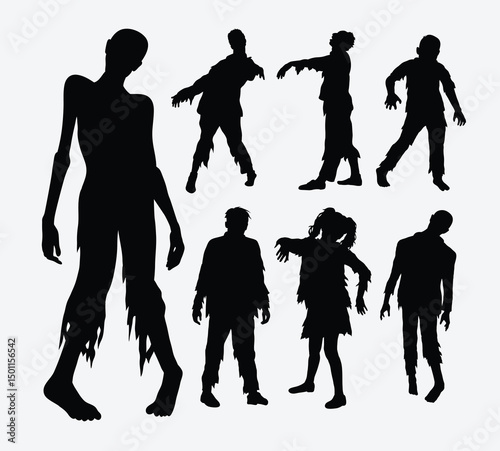 Dark Figures: A spooky image featuring several silhouettes of zombies in a terrifying poses. Perfect for horror and halloween themes.