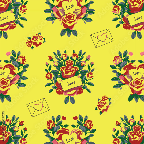 Seamless romantic pattern featuring pink roses, love notes, and envelopes on a blush background. Perfect for Valentine's Day.