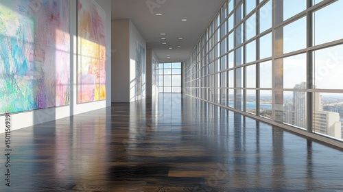 Modern hallway with city views