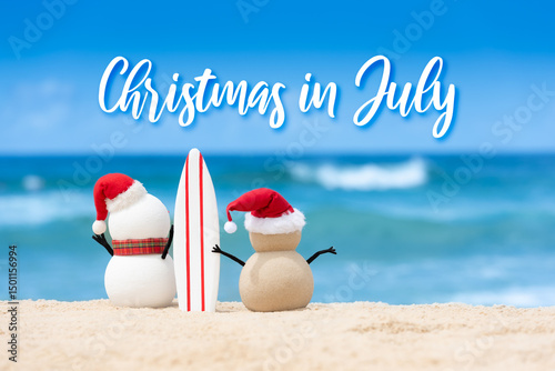 Christmas in July sale template design with a snowman and a sandy snowman on a beautiful beach, both holding a surf board