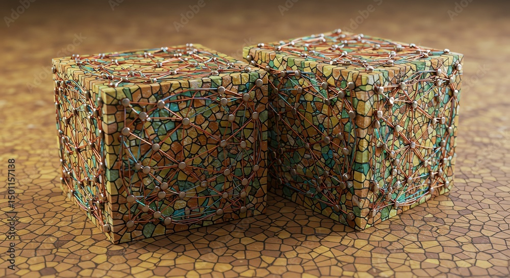 Obraz premium Two Mosaic Cubes with Wire Spheres on Stone Floor