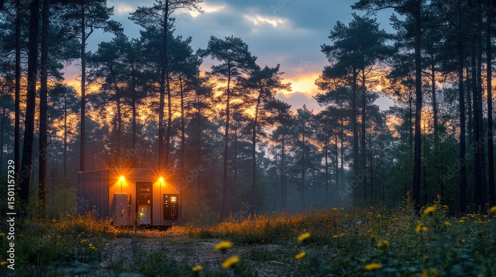 Obraz premium Small cabin in a misty forest at sunset