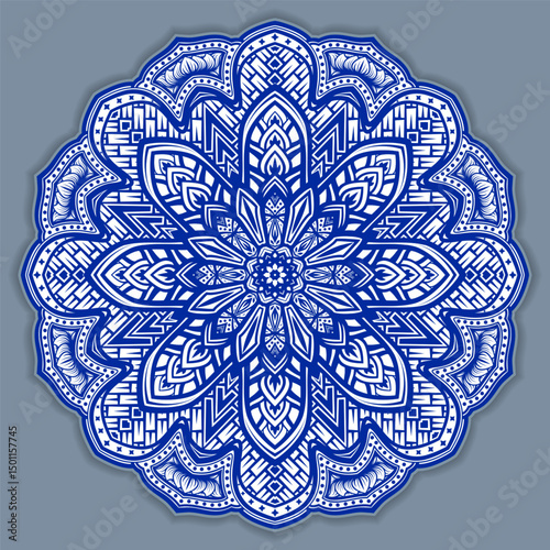 Vector abstract circular mandala design decorative element ethnic style. Blue line and white area for coloring. Shadow around of mandala. Arab, Islam, Indian, Chinese. Yoga illustration.