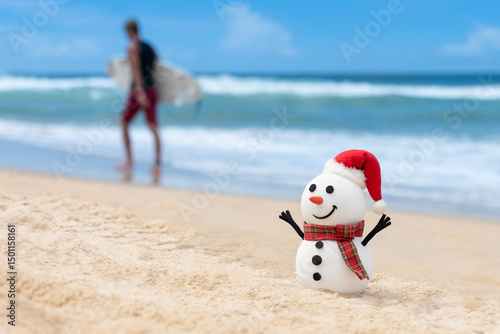 When snowmen need a break too. Beach day for a snowman. Surfer walking with surfboard in the background