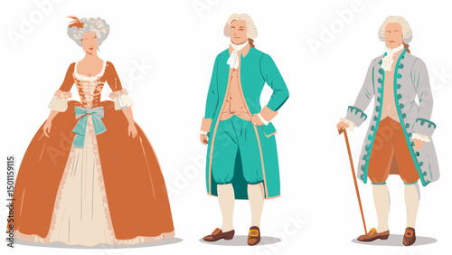 Illustration showing three people in rococo era clothing with wigs and formal attire standing together