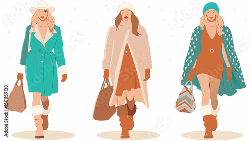 Three women in winter fashion wearing coats hats and boots while holding bags and walking forward view