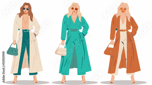 Three fashionable women in colorful outfits posing with handbags and sunglasses on a white background