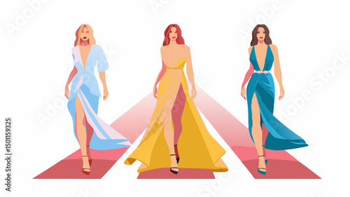 Three women in elegant gowns walking on a runway showcasing fashion and style with confidence and grace