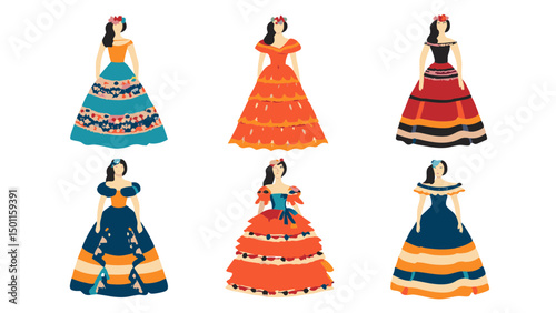 Illustration of six women wearing colorful dresses with floral headbands in a variety of styles