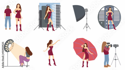 Illustrations depicting models posing in a studio with various lighting and photography equipment setups