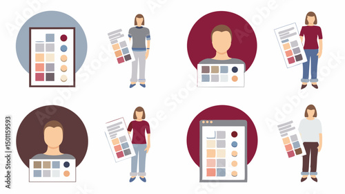 Illustration showing people holding color palettes and color swatches in various compositions and styles