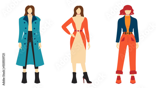 Three fashionably dressed women showcasing different styles and color palettes in a minimalist design style