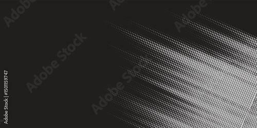 Dynamic diagonal halftone gradient in black and white, featuring high-contrast dot patterns that fade smoothly across the canvas. Perfect for comic book effects, motion backgrounds, 