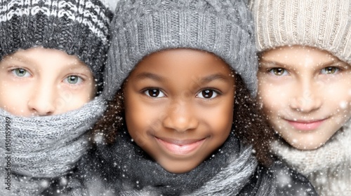 Three children in winter clothing smiling outdoors in snowy weather photo
