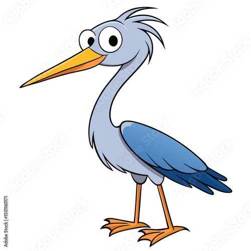 Cartoon heron with yellow beak and orange feet is standing on white