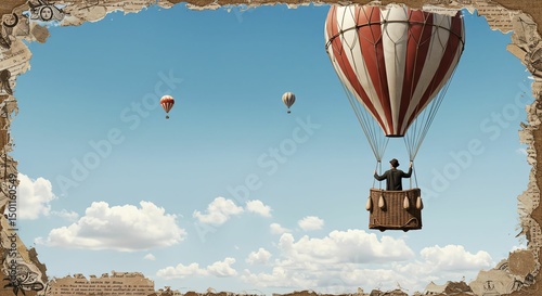 Hot Air Balloons Flying in Blue Sky with Vintage Frame