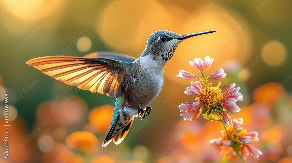 Obraz premium Hummingbird in flight, near flowers