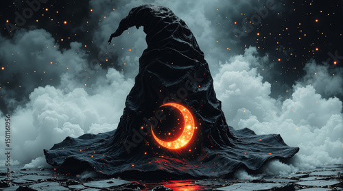 Witch’s hat with glowing crescent symbol on gradient vapor grid  for fashion branding or Halloween campaigns