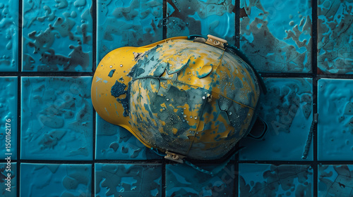 Worn yellow hard hat on blue textured tiles background   photo
