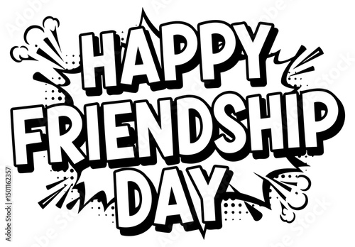 Happy Friendship Day graphic design with no specific demographic. Stylish, bold text with comic book style effects in a blank background.
